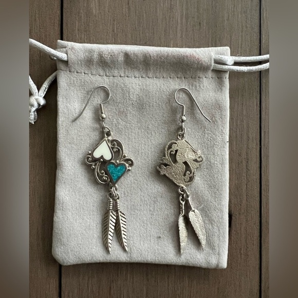 Silver Tone Turquoise Dangle Feather Earrings - Picture 2 of 4